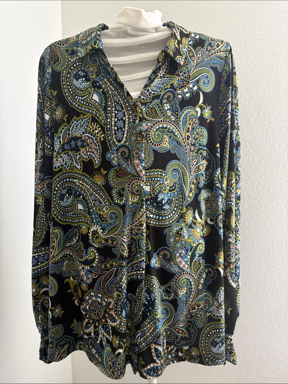 Susan Graver Black Paisley Button-Front Blouse with Blue & Green Accents